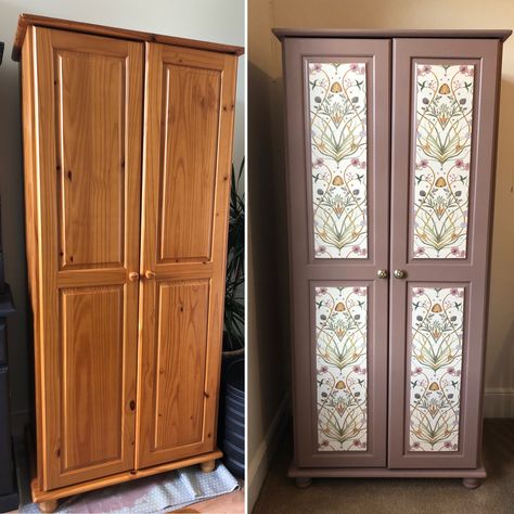 Refurbished Wardrobe Ideas, Wallpaper Armoire, Pine Wardrobe Upcycle, Pine Wardrobe Makeover, Wardrobe Upcycle Ideas, Wallpapered Wardrobe, Painted Wardrobe Ideas, Refurbished Wardrobe, Upcycled Wardrobe Ideas