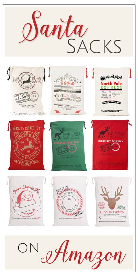 Sometimes Santa needs some help carrying all those presents. These super cute Santa sacks can be used to fit all those odd shaped presents, and they’re reusable every year!  ROW ONE:   Reindeer  |   Nice or Naughty |   North Pole Express ROW TWO:   Red Reindeer Mail   | Green North Pole   |… Santa Bags For Kids, Sublimacion Ideas, North Pole Express, Santa Sacks, Santa Bags, Gold Christmas Decorations, Cute Santa, Santa Sack, Christmas Projects Diy