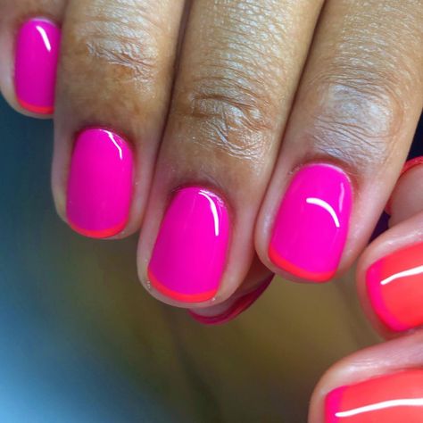 Coloring French Nails, Color On Color French Tip, Nail Inspo Different Color Hands, February Nails Ideas Dip Powder, May Manicure Ideas, Unique Dip Nails, Dominican Republic Nails Ideas, May 2024 Nail Colors, Fuschia Nails Gel