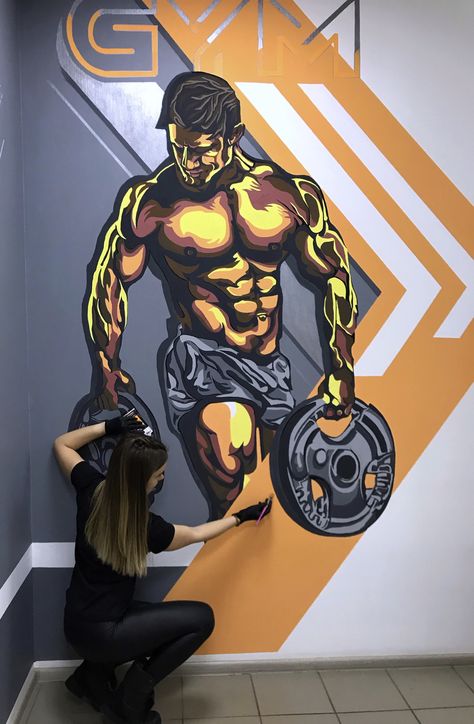 Gym Wall Art Graffiti, Gym Wall Painting, Gym Art Painting, Gym Mural, Gym Architecture, Commercial Gym Design, Bodybuilding Logo, Gym Plans, Gym Wall Art