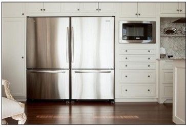 Double Fridge Design Ideas, Pictures, Remodel, and Decor. We have seen several double wide fridges. We need one! We eat soooo many fruits and veggies. Plus we love to cook! Double Wide Refrigerator, Appliance Set Up In Kitchen, Kitchen With 2 Fridges, 2 Refrigerators Side By Side In Kitchen, Double Fridge Kitchen Layout, Side By Side Fridge And Freezer, Two Fridges In Kitchen, 2 Fridges Side By Side, 2 Fridges In Kitchen