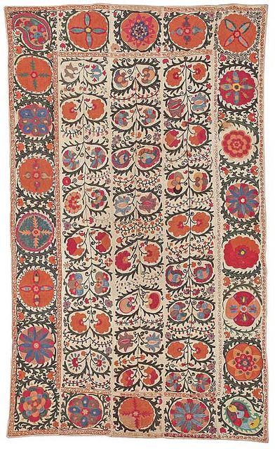 Suzani Rug, a type of antique embroidered textile produced in Kazakhstan, Tajikistan and Uzbekistan. They are embroidered and then multiple pieces are stitched together. Usually the motifs used are the botah motif and other flowers such as tulips, wild hyacinths and pomegranate blossoms. Suzani derives from the Persian word for needle and to the coverings and embroidered hangings. Suzani Rug, Asian Textiles, Turkish Textiles, Pattern Design Inspiration, Woven Rugs, Antique Carpets, Antique Textiles, Persian Carpet, Rugs And Carpet