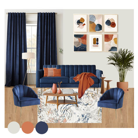 Don't be afraid to bring complementary color scheme into your room. Perfect for thoes who love a blend of contemporary style and vbrant hues. #ModernLivingRoom, #ContemporaryHomeDesign, #LivingRoomInspiration, #LivingRoomDesign, #HomeDesignIdeas, #LivingRoomFurniture, #ComplementaryColorScheme Navy And Peach Living Room, Cognac And Navy Living Room, Orange Living Room Color Scheme, Blue And Orange Living Room Color Scheme, Navy Living Room Color Scheme, Peach Living Room, Peach Living Rooms, Blue And Orange Living Room, Complementary Color Scheme