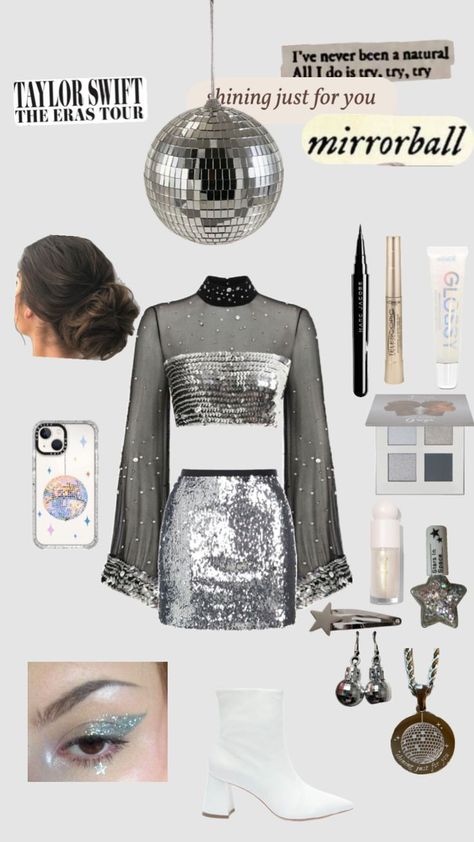 Taylor Swift Halloween Costume Mirrorball, Taylor Swift Halloween Costume Folklore, Mirrorball Accessories, Mirror All Taylor Swift Outfit, Folklore Mirrorball Outfit, Mirrorball Inspired Outfit, Mirror Ball Outfit Taylor Swift, Mirrorball Outfit Ideas, Mirror Ball Taylor Swift Outfit