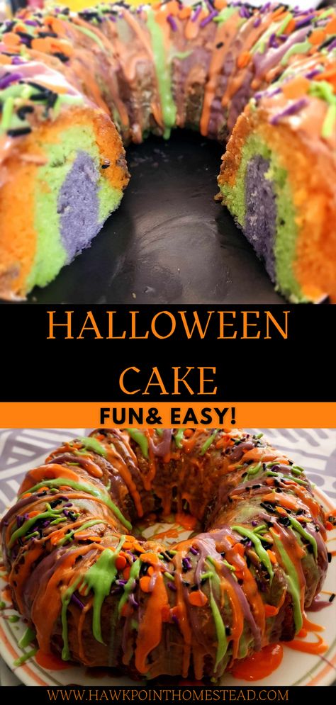 This colorful Halloween Bundt cake is so easy to make and turns out beautiful. Everyone will think it is some complicated difficult recipe that takes hours! The recipe calls for a mixing up a white cake mix, divide it into 3 parts, add different colors to each part, layer in the Bundt pan and bake! That easy! Plus add the colorful icings and sprinkles Perfect for any Halloween Party! Enjoy this fun, colorful, beautiful, easy and delicious Halloween Bundt cake! It is so pretty inside and out! Halloween Bundt Cake, Spicy Roasted Pumpkin Seeds, Bunt Cake Recipe, Halloween Cakes Easy, Halloween Cake Recipes, Pumpkin Puree Recipes, Orange Icing, Pumpkin Seed Recipes, Bundt Cake Recipe