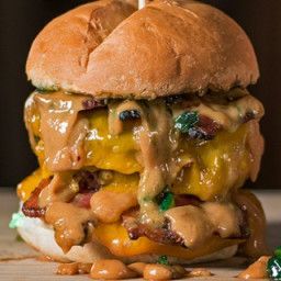 Butter Burger Recipe, Camp Chef Recipes, Peanut Butter Burger, Butter Burger, Butter Burgers, Peanut Butter Sauce, Burger Sliders, Camp Chef, Bacon Burger