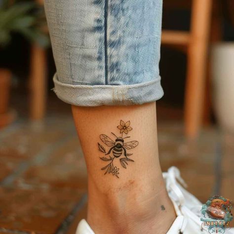 Un-BEE-lievable Beauty: Exploring the Fascinating World of Bee Tattoos: 92 Designs - inktat2.com Bee Keeper Tattoo, Tattoo Bees And Flowers, Bee Ankle Tattoo, Bee On A Flower Tattoo, Dainty Bee Tattoo, Bee And Flower Ankle Tattoo, Simple Bee Tattoo, Bee Tattoos For Women, Honey Bee Tattoo Ideas