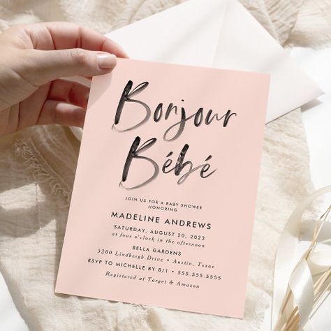 $2.93 | Bonjour Bebe Blush French Baby Shower - baby shower, french, bonjour bebe, calligraphy, blush, modern, elegant, watercolor baby shower, chic, zgroupon French Baby Shower Theme, February Baby Showers, French Baby Shower, Blue Baby Shower Invitations, French Theme, Green French, Black Watercolor, French Baby, Watercolor Baby Shower