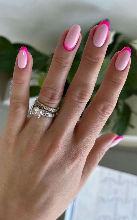 bright pink french tips, pink french tips, french tip nails, french manicure, modern french tips, french nails, french colored tips French Pink Tips, Bright Pink French Tips, Nails Reverse French, Tips French Nails, French Tips Pink, Reverse French Manicure, Pink French Tips, Nails French Manicure, Reverse French