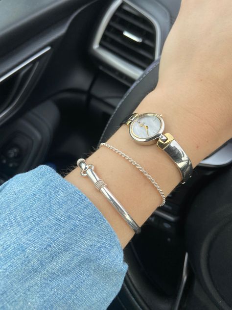 Simple Silver Watch Women, Silver Watch And Bracelet Stack, Timeless Silver Jewelry, Silver Stacked Bracelets, Womens Silver Watch, Dainty Watch Silver, Silver Watch Stack, Silver Watches Women Classy, Vintage Watches Women Silver