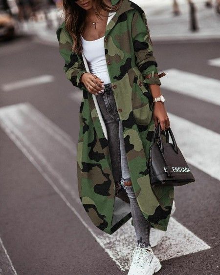 chicme - Tops Longline Trench Coat, Windbreaker Fashion, Army Green Coat, Camouflage Fashion, Chiffon Pants, Camouflage Jacket, Winter Fashion Coats, Coats Women, Long Trench