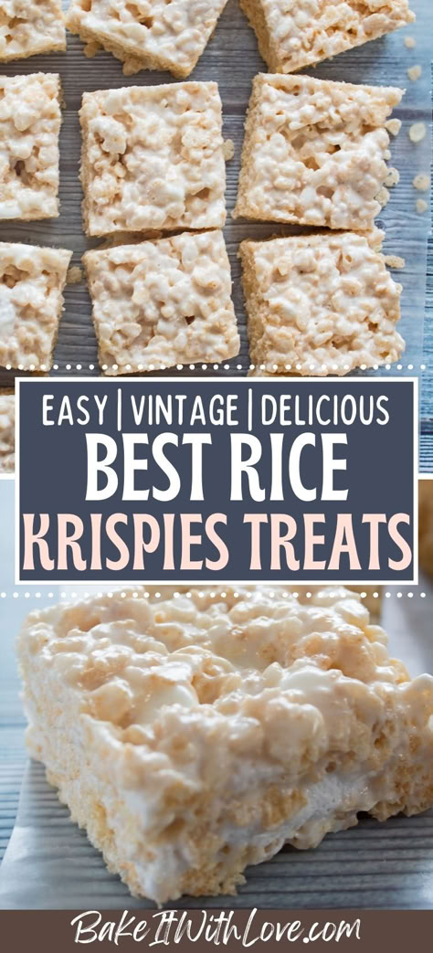 Closeup sliced rice krispies treat with text block and another image of the sliced bars on a wooden grain background. Making Rice Krispie Treats, Rice Krispie Treats No Butter, Salted Rice Krispie Treats, Easy Rice Krispy Treats Recipe, Rice Krispy Squares Recipe, Marshmallow Squares Rice Krispies, Recipe Rice Krispie Treats, Good Rice Krispie Treats, Rice Krispie Treats With Coconut Oil