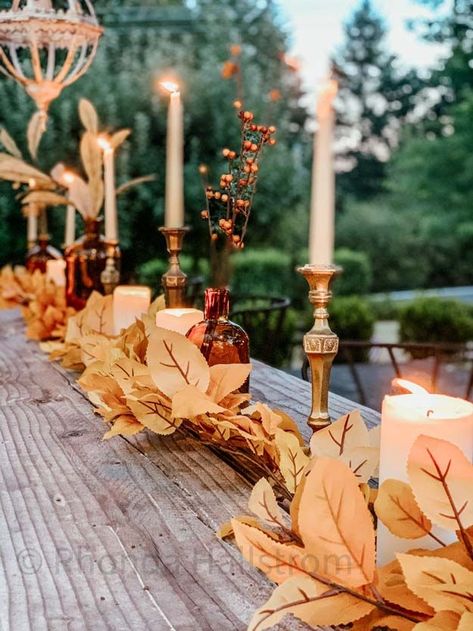 Outdoor Fall Tablescape with Leaves |fall table settings|farmhouse table|fall farmhouse table|farmhouse decor|fall leaves|fall leaf diy|outdoor tablescape|fall table settings|amber jars|fall centerpiece|amber fall decor|fall diy|fall craft|Hallstrom Home Table Settings Farmhouse, Fall Outdoor Decorating, Table Farmhouse Decor, Fall Yarn Wreaths, Outdoor Decorating Ideas, Leaf Projects, Diy Leaves, Table Farmhouse, Fall Table Settings