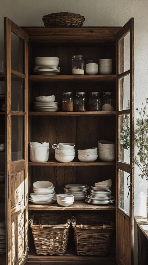 Rustic wooden kitchen cabinet with open doors, showcasing white dishes and jars, in a warm farmhouse setting with natural Dishes In Glass Cabinets, Styling Glass Kitchen Cabinets, Dish Rack Cabinet, Wooden Baskets, Cabinet Trends, Kitchen Cabinet Trends, Kitchen Cabinet Ideas, Porcelain Dishes, Kitchen Hutch