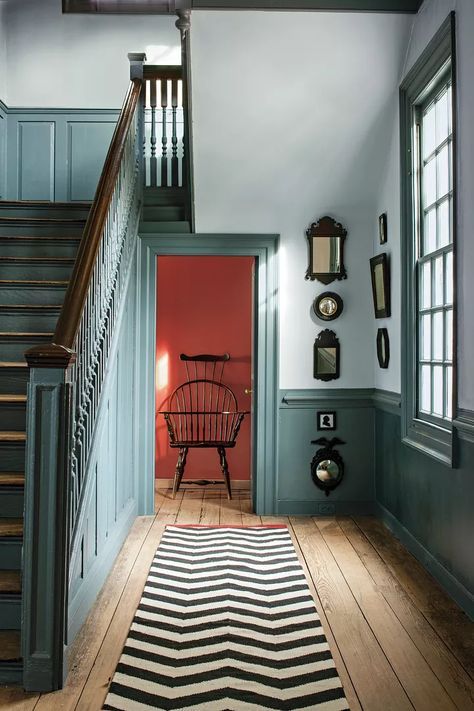 Hall Colours, Interior Paint Ideas, Wythe Blue, Goth Cottage, Hallway Colours, House Colours, Colonial Homes, Painted Stairs, Interior Paint Colors