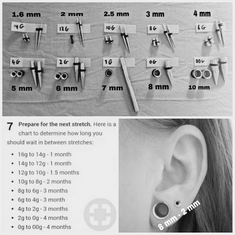 ear stretching sizes / guide How To Stretch Your Ears Gauges, How To Stretch Ears Safely, Gauge Sizes Chart Ears, Ear Guage Chart, Diy Gauges For Ears, How To Stretch Ear Lobes, How To Gauge Your Ears, How To Stretch Ears, Stretching Ear Lobes