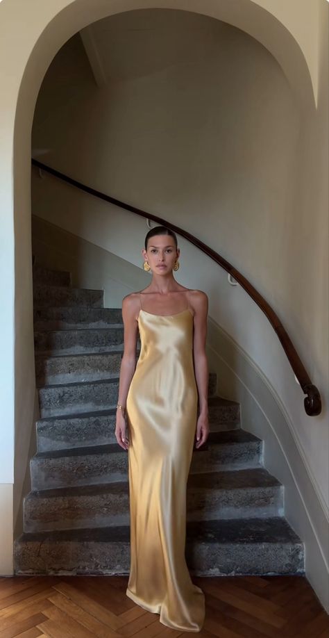 Danielle Copperman, Gold Dresses, Gold Prom Dresses, Silk Satin Fabric, Style Muse, Silk Dress Long, Satin Maxi, Satin Maxi Dress, Satin Wedding