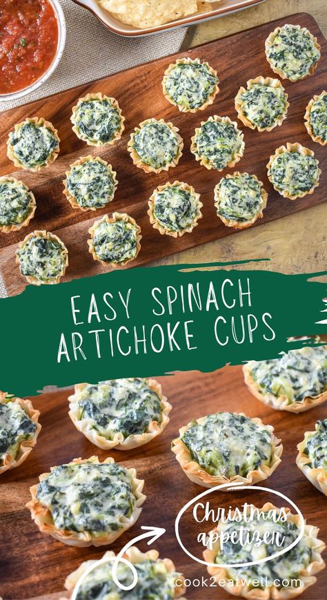 Spinach Artichoke Bites make a tasty and easy appetizer. Spinach Dip Appetizers, Holiday Party Food Appetizers, Phyllo Appetizers, Spinach Artichoke Cups, Spinach Artichoke Recipes, Spinach Artichoke Bites, Spinach Appetizers, Artichoke Bites, Artichoke Appetizer