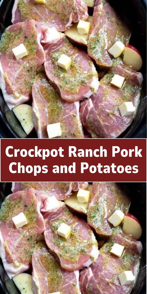 An easy and delicious meal where pork chops and sliced potatoes are cooked in a crockpot with a creamy ranch-flavored sauce, resulting in a tender and flavorful dish. Boneless Pork Chops Crock Pot, Ranch Pork Chops And Potatoes, Crockpot Ranch Pork Chops, Slow Cooker Pork Chops Recipes, Potato Recipes Crockpot, Pork Crock, Ranch Pork Chops Crock Pot, Pork Crockpot Recipes, Pork Chop Recipes Crockpot