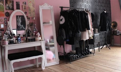 Pastel goth room                                                                                                                                                                                 More Pastel Gothic Room, Black And Pastel Room, Soft Goth Bedroom Aesthetic, Pastel Goth Apartment, Organized Room Ideas Bedrooms, Goth Dressing Room, Pink Goth Room Aesthetic, Pastel Goth Bedroom Aesthetic, Draculaura Room Aesthetic