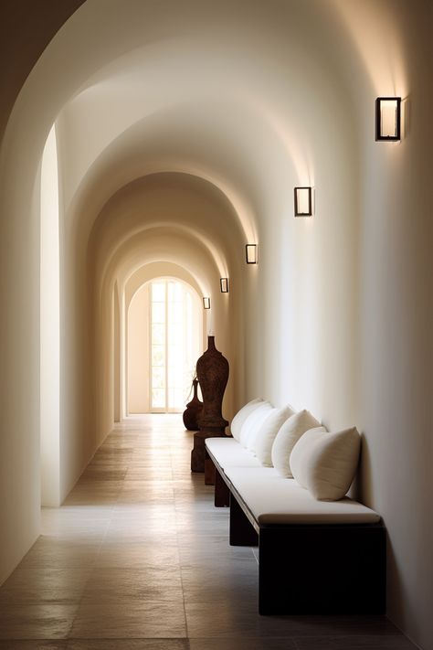 Hallway inspired by a combination of Japanese furniture and objects with rounded plaster walls and ceiling. Let me know what you think! - #interiordesign #japandi #wabisabi #hallway #serene #soft Curved Ceiling Hallway, Wabi Sabi Hallway, Round Ceiling Design, Plaster Interior Walls, Corridors Design, Japandi Ceiling, Japandi Hallway, Soft Ceiling, Plaster Interior