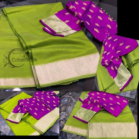 Green Contrast Color Combinations, Contrast Color Combinations, Saree Contrast Blouse, Parrot Green Saree, Green Contrast Color, Festival Saree, Mangalagiri Sarees, Plain Sarees, Brocade Blouse Designs