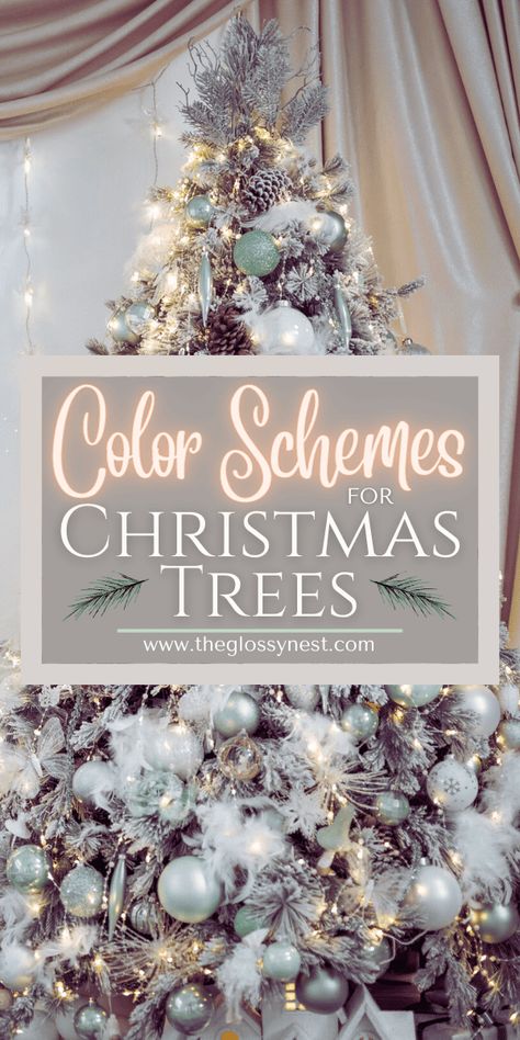 Sage And Navy Christmas Tree, Pale Green Christmas Decor, Flocked Tree Color Schemes, White Silver Rose Gold Christmas Tree, Champagne Colored Christmas Tree, Trending Christmas Colors 2024, Color Schemes For Christmas Trees, Christmas Tree Colors Schemes, Christmas Tree Color Schemes 2023