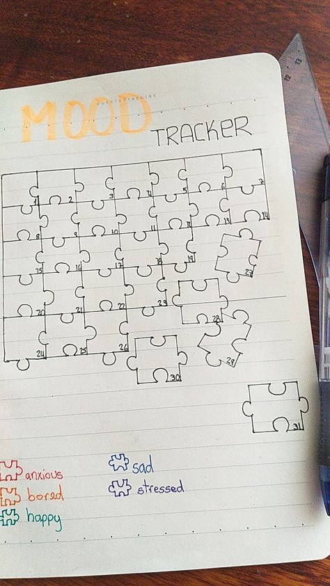 #bullet journal #puzzle #pieces #mood #tracker Puzzle Mood Tracker, Bujo Tracker, Journal Ideas Pages, Bullet Journal Tracking, Bullet Journal Yearly, Bullet Journal Hand Lettering, April Bullet Journal, January Bullet Journal, Creating A Bullet Journal