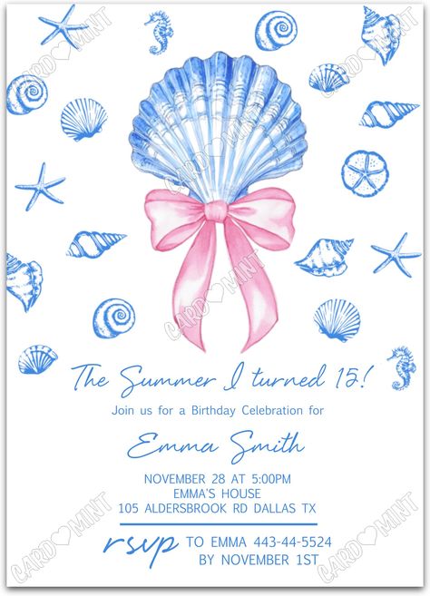 Quickly personalize. Includes matching thank you card.   Host a successful birthday party starting with this seashells & pink bow white invite!   You can edit this product yourself, during and/or after purchase. Print or send as an Evite.  Image watermarks will be removed after purchase.  The dimensions are 5"x7". Coastal Grandmother Birthday Party, Pink Nautical Party, Seashell First Birthday, Birthday Themes For 13th Birthday, Watercolor Birthday Invitation, Summer I Turned Pretty Birthday Party, Tsitp Birthday Party, Seashell Birthday, Aesthetic Invitation Card