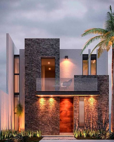 Fachadas de casas bonitas y pequeñas - Dale Detalles Modern Small House Design, Modern House Facades, Modern Exterior House Designs, Duplex House Design, Bungalow Design, House Outside Design, House Front Design, Modern Architecture House, Luxury Homes Dream Houses