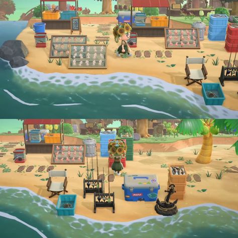 Animal crossing fish bait shop beach market build design idea Acnh Bait Shop, Fish Shop Animal Crossing, Acnh Beach Fish Market, Acnh Beach Market, Animal Crossing Fishing Area, Animal Crossing Fish Market, Acnh Fishing Area, Beach Ideas Animal Crossing, Animal Crossing Shop Ideas