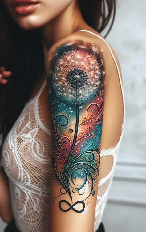 Morphing Tattoo Ideas, Forearm Tattoo Sleeve, Bohemian Tattoo Sleeve, Arm Tattoos Drawing, Power Tattoo, Boho Tattoos, Dandelion Tattoo, Tasteful Tattoos, Breathtaking Nature