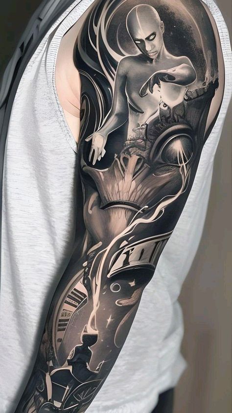 Alien Tattoo Sleeve, Tattoo With Clock, Alien Tattoo Design, Alien Tattoos, Buddha Tattoo Sleeve, Cosmic Tattoo, Egyptian Tattoo Sleeve, Full Sleeve Tattoo Design, Forearm Sleeve Tattoos