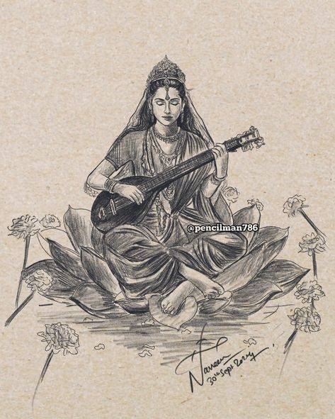 बोलो जय माता दी !🙏🌺 #maasaraswati Pencil Art of Saraswati Mata 🙏🏻 Celebrating Navratri with the divine presence of Saraswati Mata! 🎨 May her blessings inspire creativity, wisdom, and knowledge in our lives. Let’s honor her artistry and the beauty she brings to our world! Share your favorite moments of this festive season and let’s spread the joy together! #Navratri #SaraswatiMata #DivineBlessings #MaaSaraswati #DurgaPooja #DivineArt #FestiveVibes #WelcomeMaaSaraswati #DurgaPuja #ArtIns... Saraswati Pencil Sketch, Saraswati Mata, Pencil Sketch Images, Good Vibe Songs, Art Drawings Sketches Creative, Hindu Art, God Art, Fashion Design Drawings, Book Art Drawings