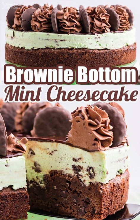 This amazing dessert combines delicious layer of brownie, a layer of Mint Chocolate Cheesecake and then all topped with whipped cream and cookies. #Dessert #Recipes Mint Chocolate Chip Cheesecake, Brownie Crust, Mint Chocolate Cheesecake, Mint Desserts, Mint Cheesecake, Mint Chocolate Chip Cookies, Fudge Cookies, Chocolate Chip Cheesecake, Mint Recipes