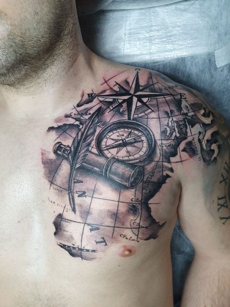 Nautical Tattoo Sleeve, Compass Rose Tattoo, Map Tattoo, Cool Back Tattoos, Army Tattoos, Map Tattoos, Anchor Tattoos, Mens Shoulder Tattoo, Nautical Tattoo