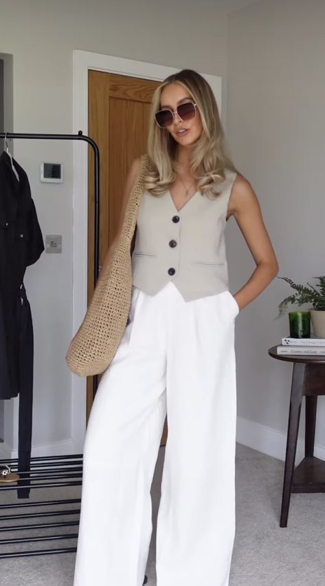 White Sweater Vest Outfit Summer, Waistcoat Styling Women, White Suit Vest Outfits For Women, Beige Linen Vest Outfit, Beige Waistcoat Outfit Women, Cream Waistcoat Outfit Women, White Waistcoat Outfit Women, Beige Waistcoat Outfit, Vest With Tshirt