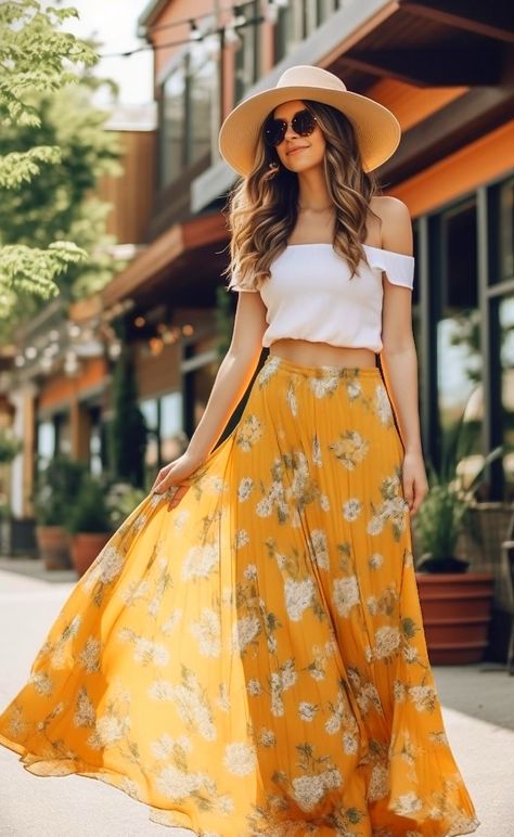 Yellow Printed Skirt Outfit, Yellow Floral Skirt Outfit, Marfa Photoshoot, Floral Skirt Outfits Aesthetic, Maxi Skirt Design, Flower Long Skirt, Yellow Skirt Outfits, Yellow Maxi Skirt, Yellow Pleated Skirt