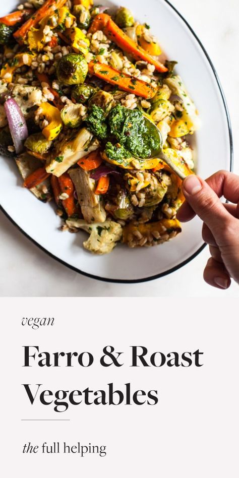 This dish of farro & roasted vegetables with Italian salsa verde is an easy, flavorful, and nutritious addition to any holiday table! Festive and flavorful. #vegan #vegetarian Italian Salsa, Balsamic Vegetables, Italian Side Dishes, Roast Vegetables, Cooking With White Wine, Grain Recipes, Vegan Holiday Recipes, Vegan Holiday, Potluck Dishes