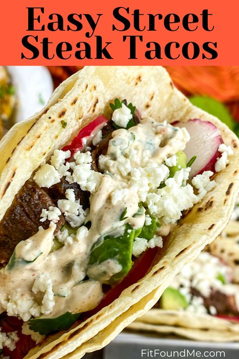 Easy 30 min Street Tacos with Steak and a special sauce that everyone will love! Taco Tuesday will be a huge hit with the secret sauce and ingredients. Low carb - Lean protein to please the keto diet. Tap this pin to get the full Mexican dinner recipe. via @fitfoundme Steak Street Tacos, Mexican Steak, Seasoned Sour Cream, Street Taco Recipe, Easy Steak, Steak Tacos, Taco Recipe, Street Tacos, Weekend Meals