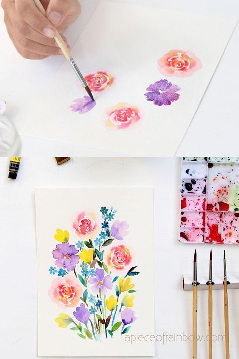 Make a beautiful watercolor flower painting in 30 minutes! Easy tutorial & video for beginners. Lots of tips & techniques to paint loose floral watercolors. – A Piece of Rainbow #watercolor #floral loose floral painting, #painting #artsandcrafts arts and crafts, #art #painting #video #tutorial #watercolour #aquarelle spring, flowers, art, #spring #rose #flowers Rental Upgrades, Flower Painting Tutorial, Watercolor Flower Painting, Rose Artwork, Paint Tutorials, Watercolour Cards, Spring Rose, Doodle Painting, Watercolour Ideas