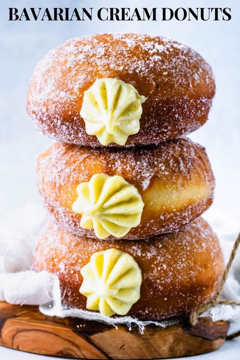 Bavarian Cream donuts with a vanilla bean pastry cream filling. #oktoberfest #bavarian #bavariandesserts #bavariancream #pastrycream #donuts #doughnuts #oktoberfestfood Cream Filled Donuts, Donut Filling, Pastry Cream Filling, Homemade Donuts Recipe, Homemade Doughnuts, Pembuat Roti, Oktoberfest Food, Bavarian Cream, Filled Donuts