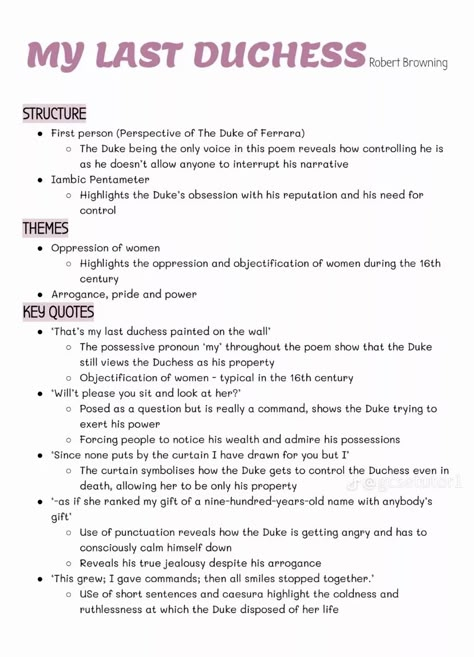 My Last Duchess Poem Analysis Gcse, My Last Duchess Poem Analysis, English Language Poem, My Last Duchess, Poetry Revision, English Literature Poems, Gcse Poems, Revision Help, English Gcse Revision