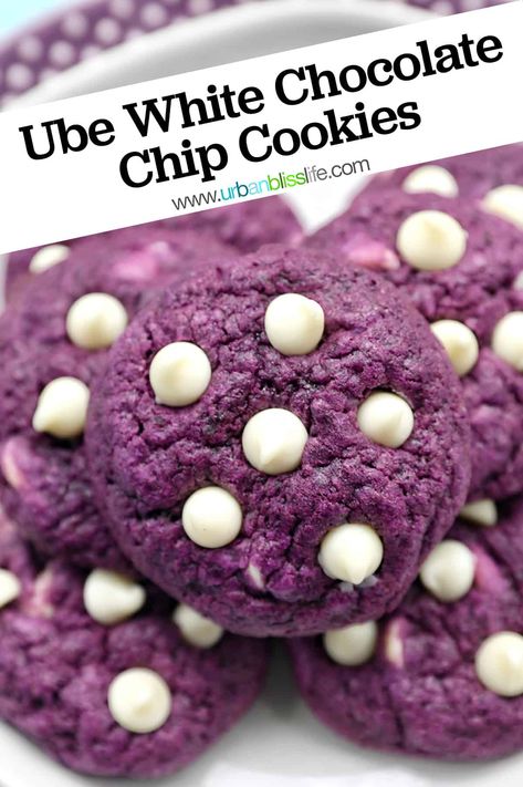 These Ube White Chocolate Chip Cookies are a Filipino American fusion baking triumph! It's an easy baking recipe that makes delicious cookies! Get the recipe at UrbanBlissLife.com Ube White Chocolate Chip Cookie, Ube Cookies, Easy Baking Recipe, Purple Cookies, Ube Recipes, Philippines Recipes, Filipino Food Dessert, White Chocolate Chip, White Chocolate Chip Cookies