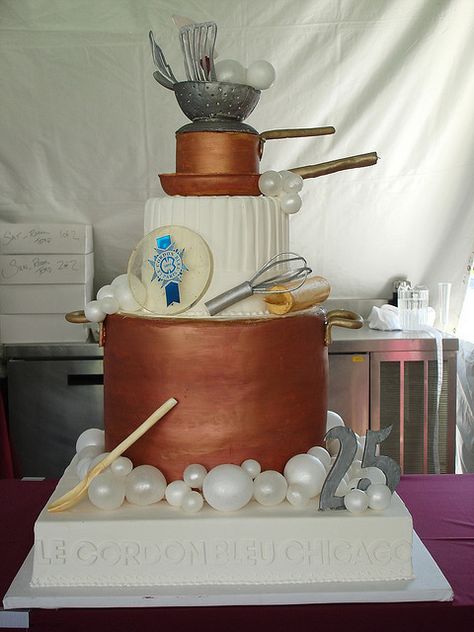 Le Cordon Bleu Chicago's 25th year anniversary (Cooking and Hospitality Institute of Chicago) Pastry Chef Cake, Blown Sugar, Farewell Cake, Chef Cake, Chef Party, Baker Cake, Fondant Tutorial, Cakes For Men, Cake Board