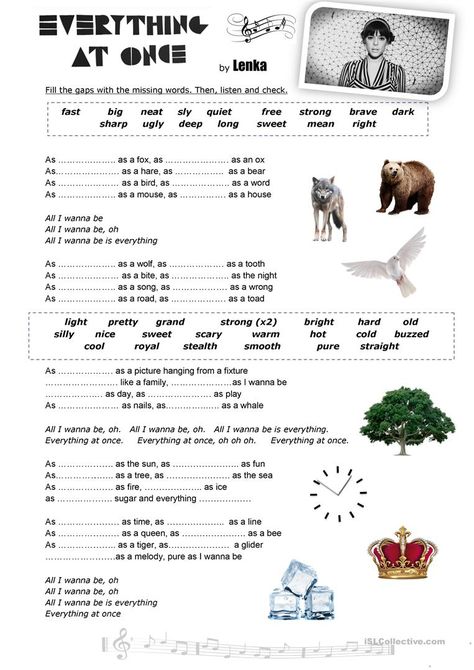 Everything at once by Lenka- Song worksheet - English ESL Worksheets for distance learning and physical classrooms Song Worksheet, Teaching Adjectives, Nursery Rhymes Activities, Everything At Once, English Adjectives, English Lesson Plans, Rhyming Activities, Language Goals, Listening Comprehension