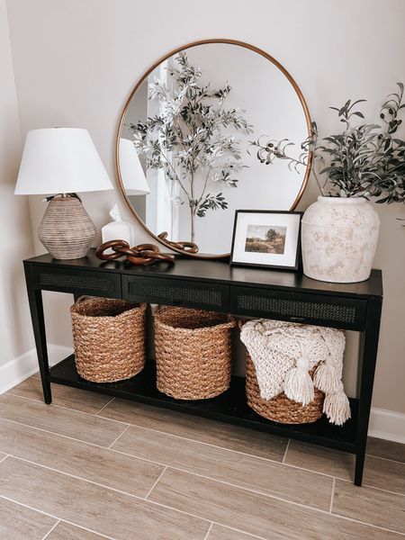 Hallway Table Decorating Ideas, Modern Farm House Entry Table, Hallway Console Table Black, Studio Mcgee Black Entry Table, Mcgee Entry Table, Black Console Table Entryway Farmhouse, Black Hall Table Decor, Black Hallway Console Table, Black Modern Entry Table