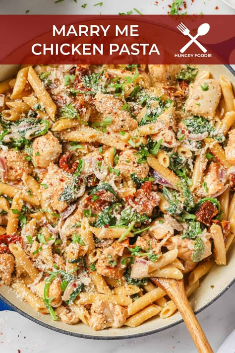 This delicious Marry Me Pasta with Chicken (also know as Creamy Tuscan Chicken Pasta) is a quick and easy pasta recipe made with perfectly seasoned pan-seared chicken breasts, simmered in a velvety sauce made with sun-dried tomatoes, spinach, garlic, red onions, heavy cream and parmesan cheese and tossed with penne pasta. It can be made in just 30 minutes and it sure to be a family favorite. Marry Me Pasta, Creamy Tuscan Chicken Pasta, Marry Me Chicken Pasta, Chicken Spinach Pasta, Creamy Tuscan Chicken, Easy Pasta Recipe, Pasta With Chicken, Tuscan Chicken Pasta, Marry Me Chicken