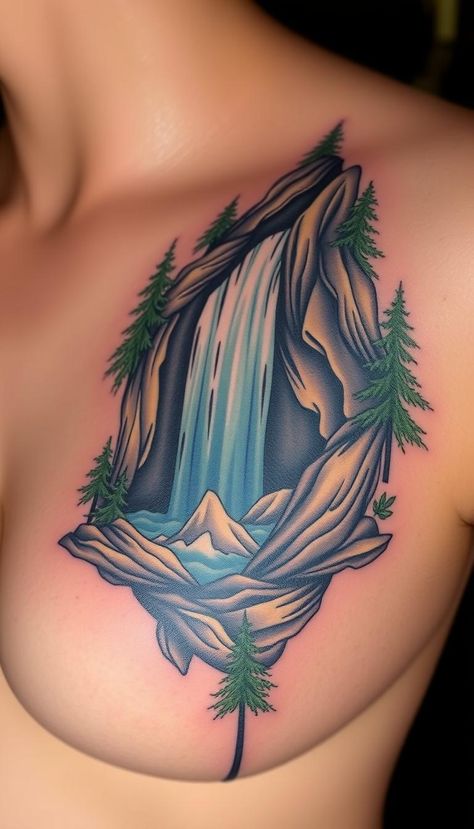 Capture the beauty of waterfalls with tattoos offering flowing and vibrant designs. 🌊💧🎨 #WaterfallTattoo #NatureInk #TattooArt Forest Waterfall Tattoo, Waterfall Back Tattoo, Waterfall Tattoo Minimalist, Waterfall Tattoo Design, Waterfall Tattoo Color, Waterfall Tattoo Ideas, Waterfall Tattoos, Waterfall Tattoo, Jungle Tattoo