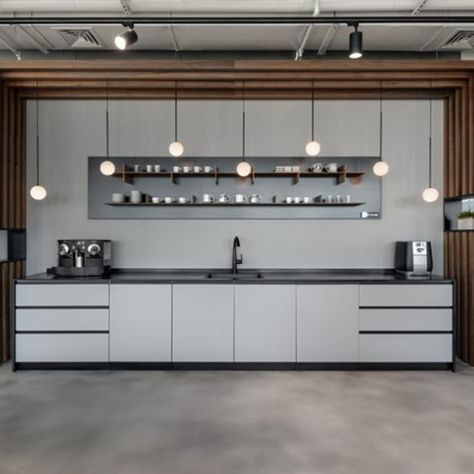 Industrial Office Kitchen Design, Industrial Pantry Design, Industrial Office Kitchen, Office Kitchen Design Corporate, Industrial Office Kitchenette, Industrial Office Breakroom, Office Kitchen Design, Office Kitchen Break Room, Commercial Design Retail